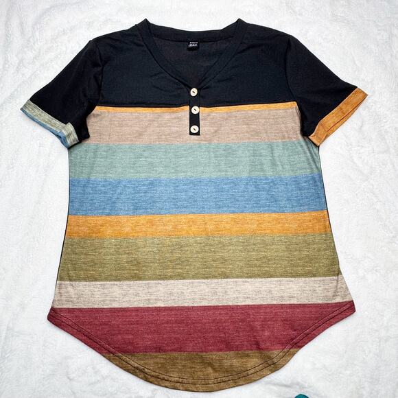 SHEIN Black Short-Sleeved Top with Multi Colored Stripes Size 6 Medium - Picture 2 of 6